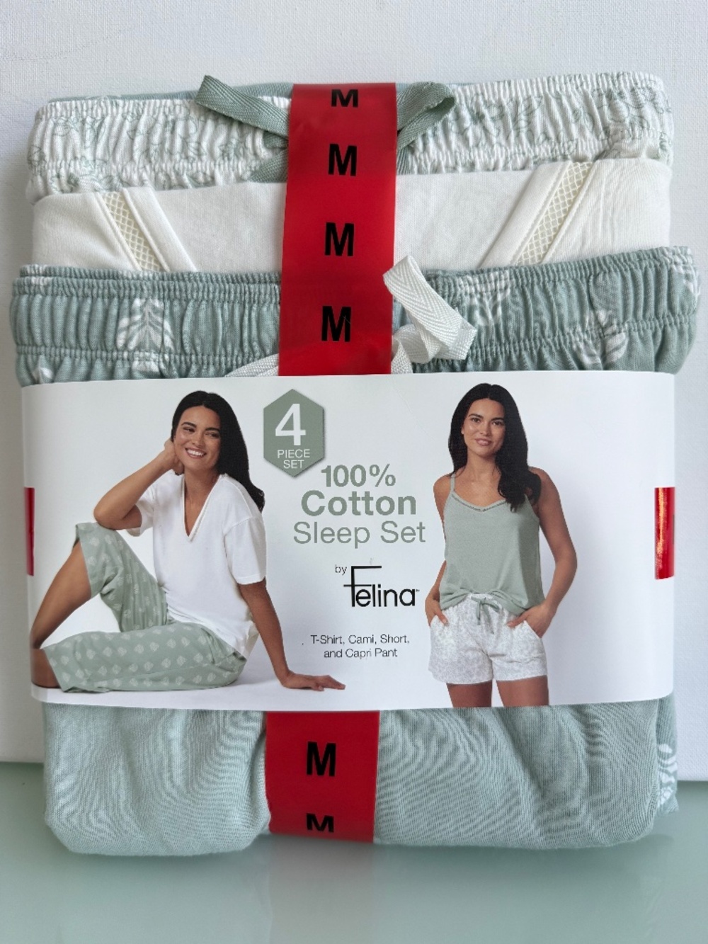 Felina 4 Piece Cotton Sleep Set Sage Green Ivory Pajama Set NWT Size M